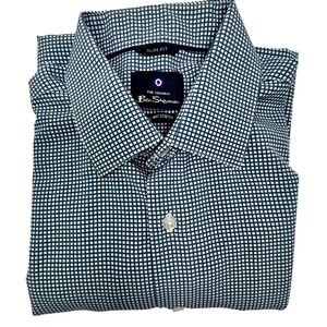 Ben Sherman Mens Slim Fit All Way Stretch Micro Check Button Down Shirt Blue M